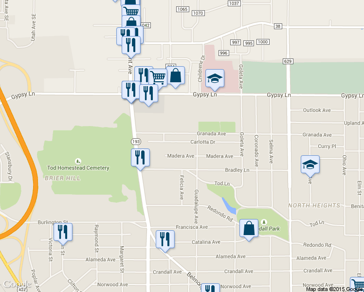 map of restaurants, bars, coffee shops, grocery stores, and more near 535 Carlotta Drive in Youngstown