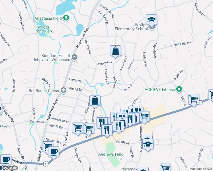 map of restaurants, bars, coffee shops, grocery stores, and more near 24 Friendly Road in Norwalk