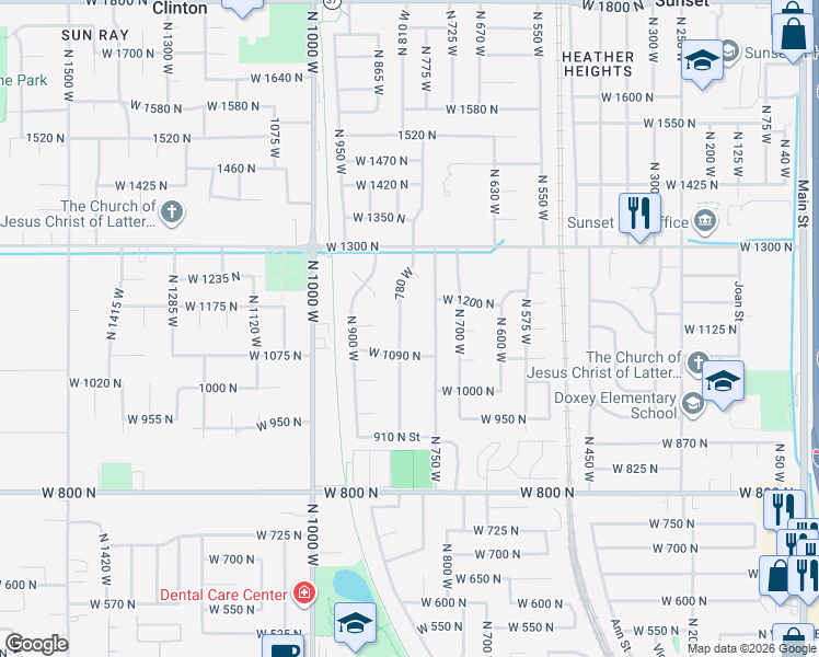 map of restaurants, bars, coffee shops, grocery stores, and more near 1121 North 750 West in Clinton