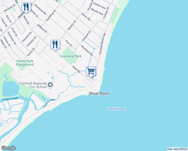 map of restaurants, bars, coffee shops, grocery stores, and more near 693 Fairfield Beach Road in Fairfield