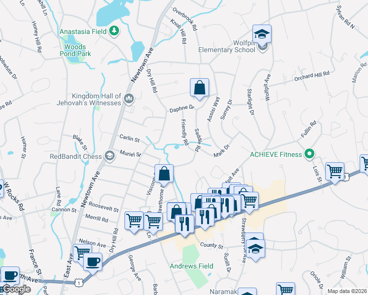 map of restaurants, bars, coffee shops, grocery stores, and more near 24 Friendly Road in Norwalk