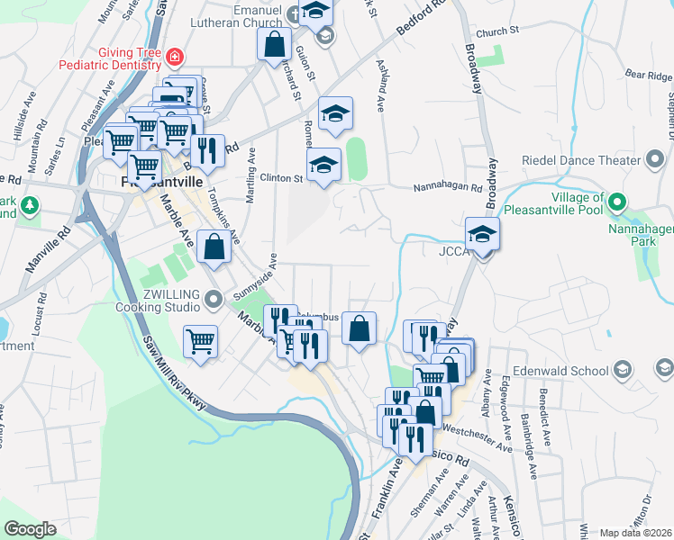 map of restaurants, bars, coffee shops, grocery stores, and more near 82 Meadow Lane in Pleasantville