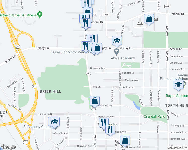 map of restaurants, bars, coffee shops, grocery stores, and more near 645 Carlotta Drive in Youngstown