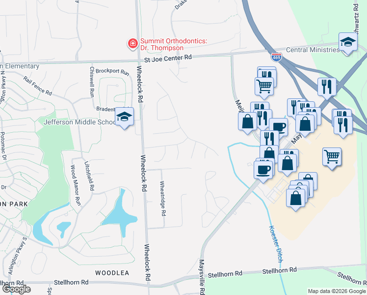 map of restaurants, bars, coffee shops, grocery stores, and more near 5226 Pepper Mill Place in Fort Wayne