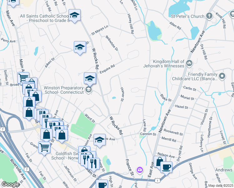 map of restaurants, bars, coffee shops, grocery stores, and more near 31 Homer Street in Norwalk