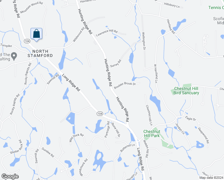 map of restaurants, bars, coffee shops, grocery stores, and more near 99 Hunting Ridge Road in Stamford