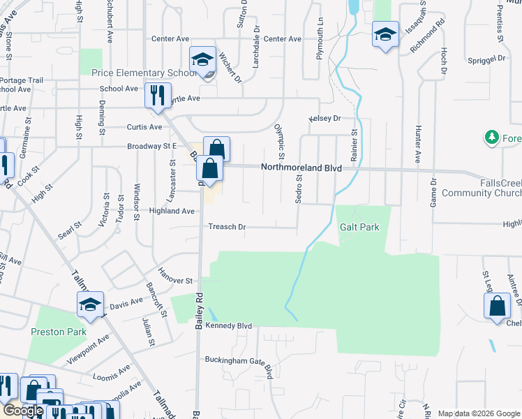 map of restaurants, bars, coffee shops, grocery stores, and more near 1435 Oneida Avenue in Cuyahoga Falls