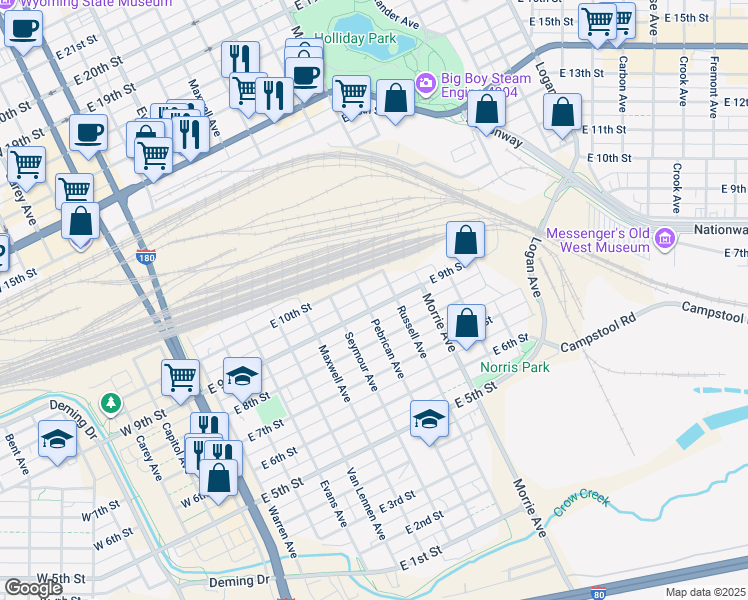 map of restaurants, bars, coffee shops, grocery stores, and more near 806 East 9th Street in Cheyenne