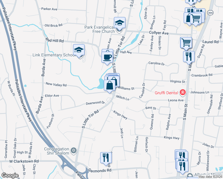 map of restaurants, bars, coffee shops, grocery stores, and more near 265 South Little Tor Road in New City