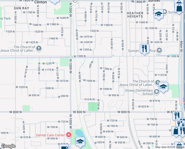 map of restaurants, bars, coffee shops, grocery stores, and more near 1121 North 750 West in Clinton