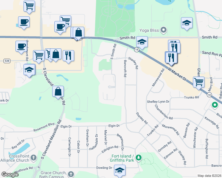 map of restaurants, bars, coffee shops, grocery stores, and more near 3354 South Smith Road in Fairlawn