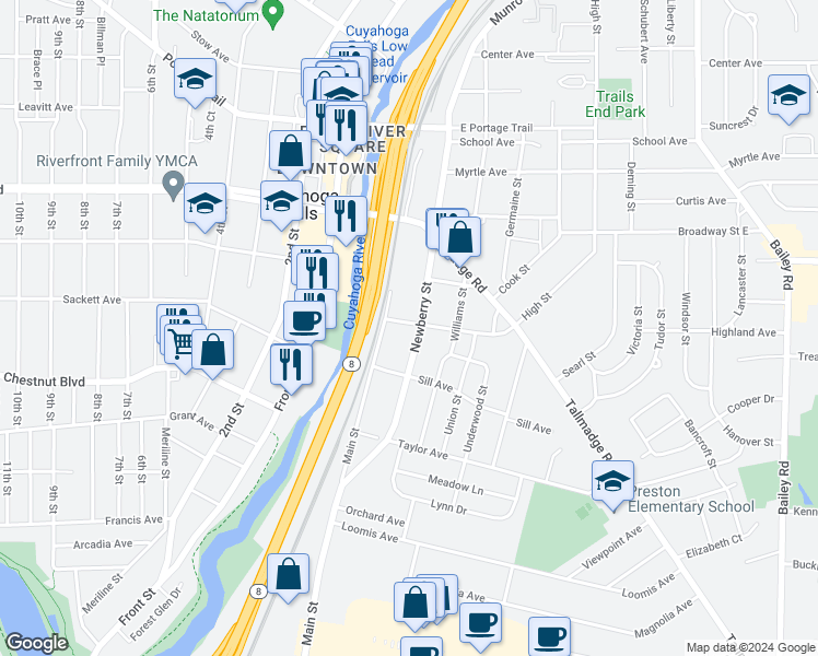 map of restaurants, bars, coffee shops, grocery stores, and more near 1770 Newberry Street in Cuyahoga Falls