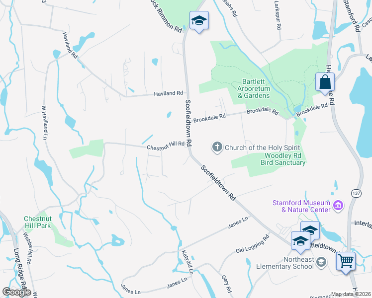 map of restaurants, bars, coffee shops, grocery stores, and more near 422 Scofieldtown Road in Stamford