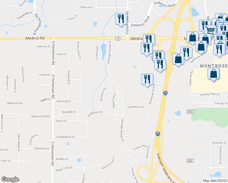 map of restaurants, bars, coffee shops, grocery stores, and more near 154 Tecumseh Lane in Akron