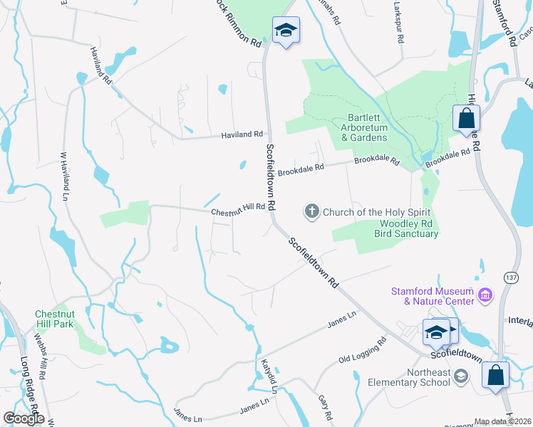 map of restaurants, bars, coffee shops, grocery stores, and more near 422 Scofieldtown Road in Stamford