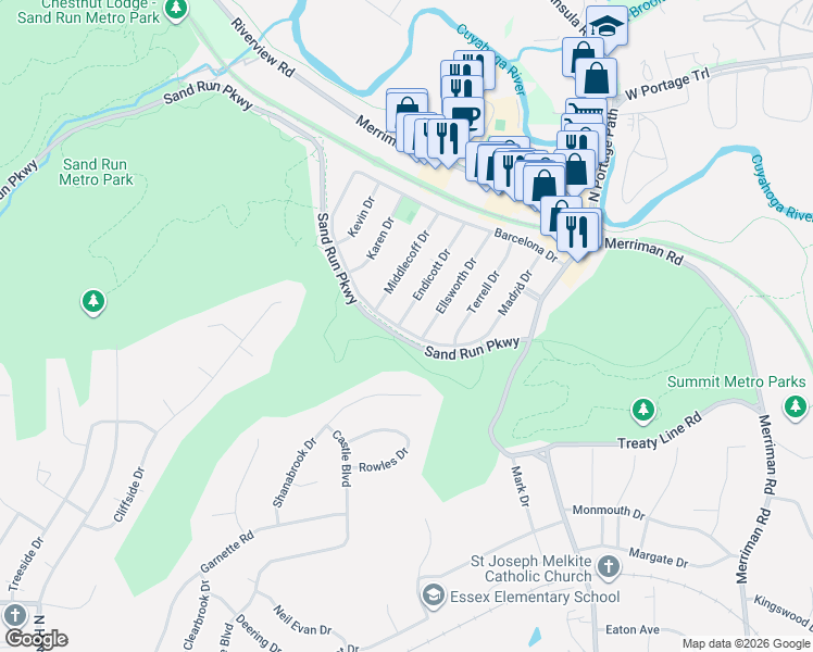 map of restaurants, bars, coffee shops, grocery stores, and more near 1311 Hilton Drive in Akron