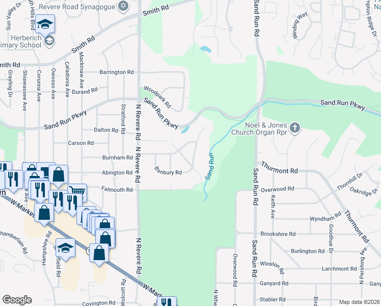 map of restaurants, bars, coffee shops, grocery stores, and more near 361 Mowbray Road in Akron
