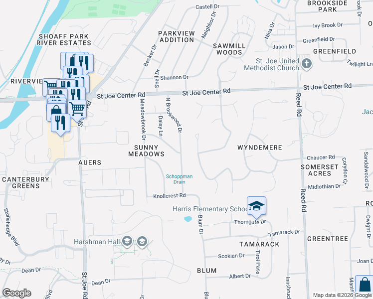 map of restaurants, bars, coffee shops, grocery stores, and more near 3834-3898 Northcreek Drive in Fort Wayne