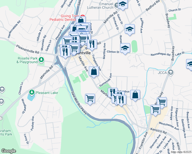 map of restaurants, bars, coffee shops, grocery stores, and more near 14 Lincoln Avenue in Pleasantville