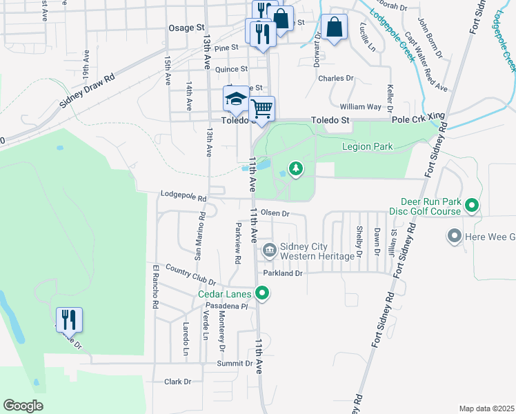 map of restaurants, bars, coffee shops, grocery stores, and more near 1001-1043 Olsen Dr in Sidney