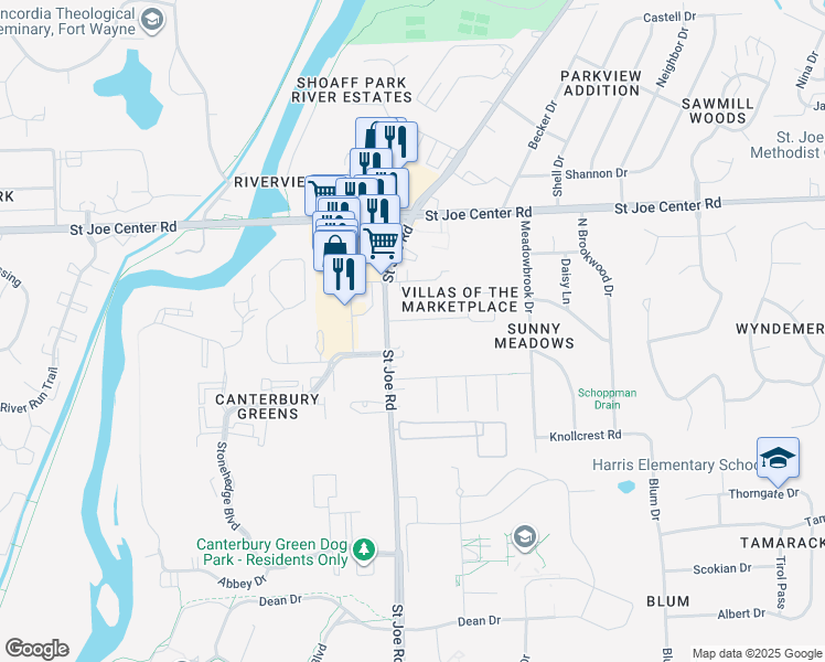 map of restaurants, bars, coffee shops, grocery stores, and more near 3326 Kendale Drive in Fort Wayne
