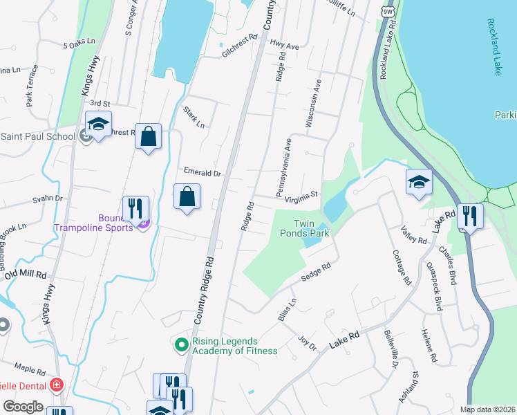 map of restaurants, bars, coffee shops, grocery stores, and more near 101 Ridge Road in Valley Cottage