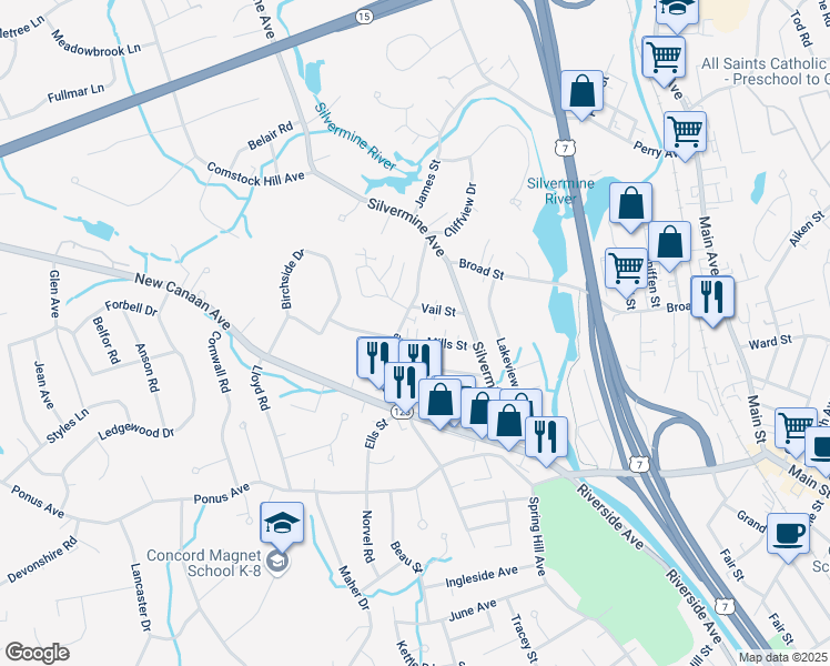 map of restaurants, bars, coffee shops, grocery stores, and more near 19 Mills Street in Norwalk