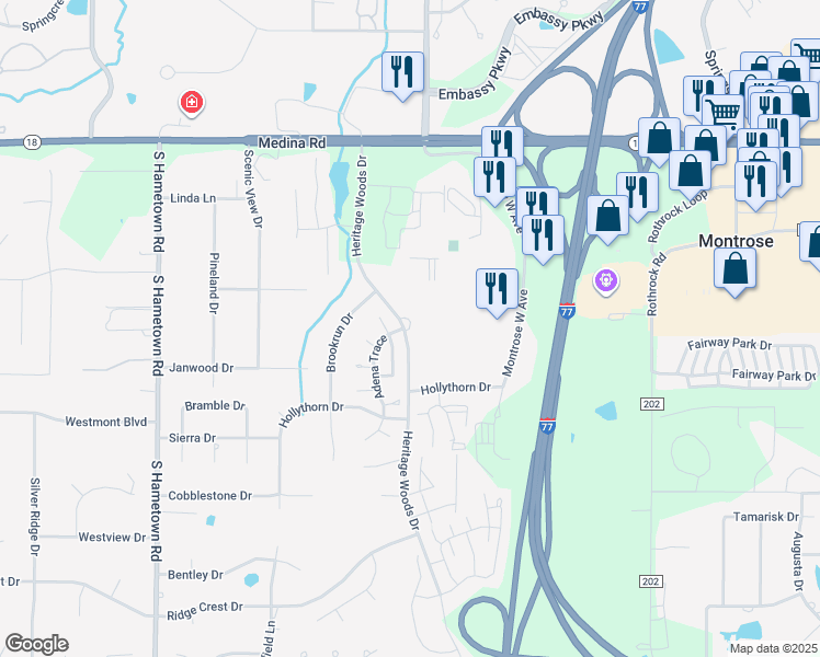 map of restaurants, bars, coffee shops, grocery stores, and more near 179 Delaware Trail in Akron