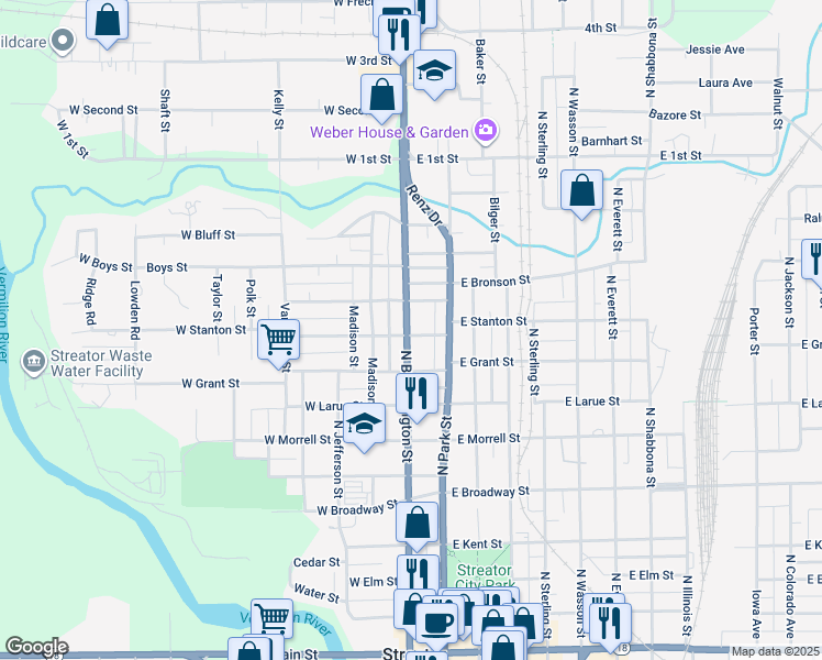 map of restaurants, bars, coffee shops, grocery stores, and more near 912 North Bloomington Street in Streator