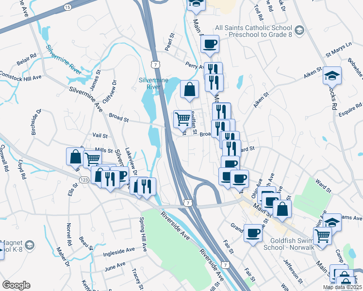 map of restaurants, bars, coffee shops, grocery stores, and more near 59 Plattsville Avenue in Norwalk