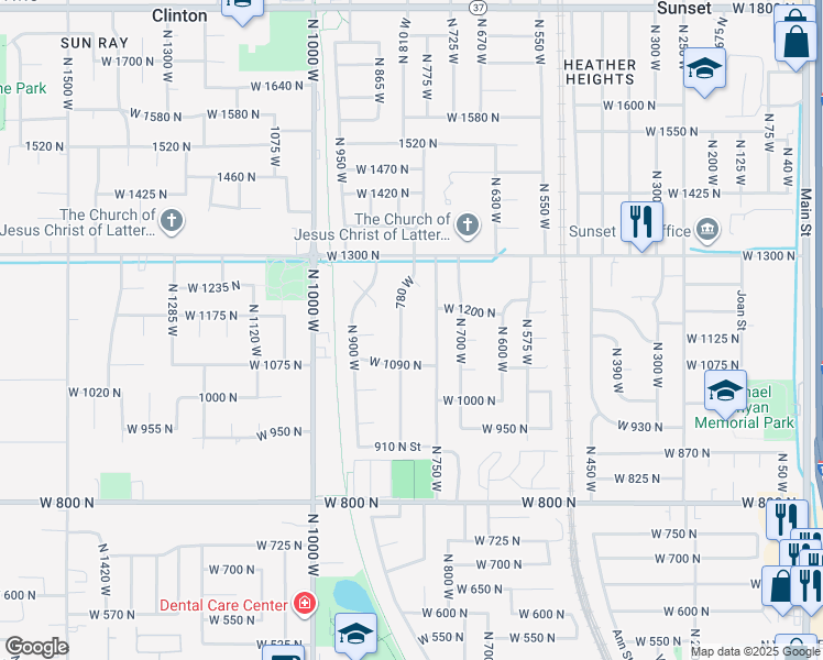 map of restaurants, bars, coffee shops, grocery stores, and more near 1121 North 750 West in Clinton