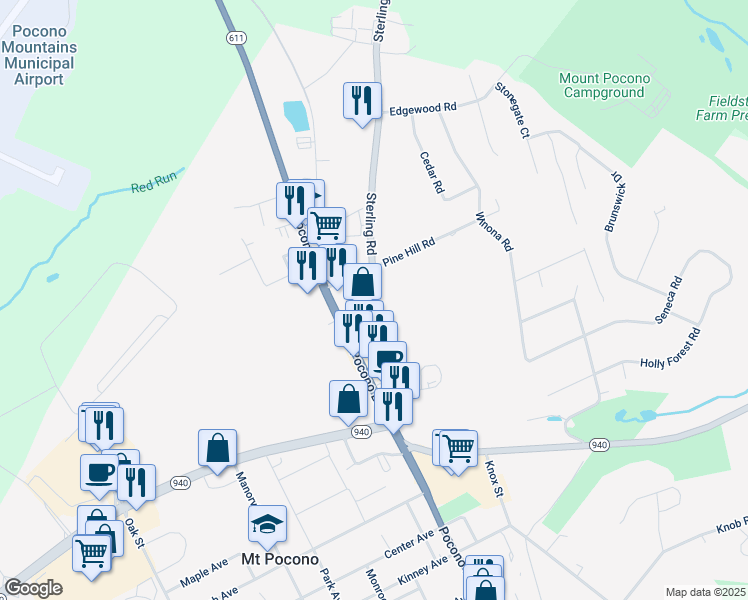 map of restaurants, bars, coffee shops, grocery stores, and more near 128 Sterling Road in Mount Pocono
