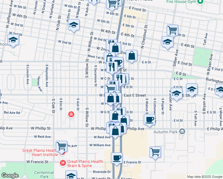 map of restaurants, bars, coffee shops, grocery stores, and more near 414 Blue Star Memorial Highway in North Platte