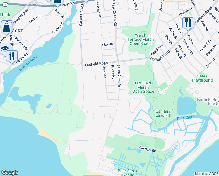 map of restaurants, bars, coffee shops, grocery stores, and more near 80 Bonney Terrace in Fairfield