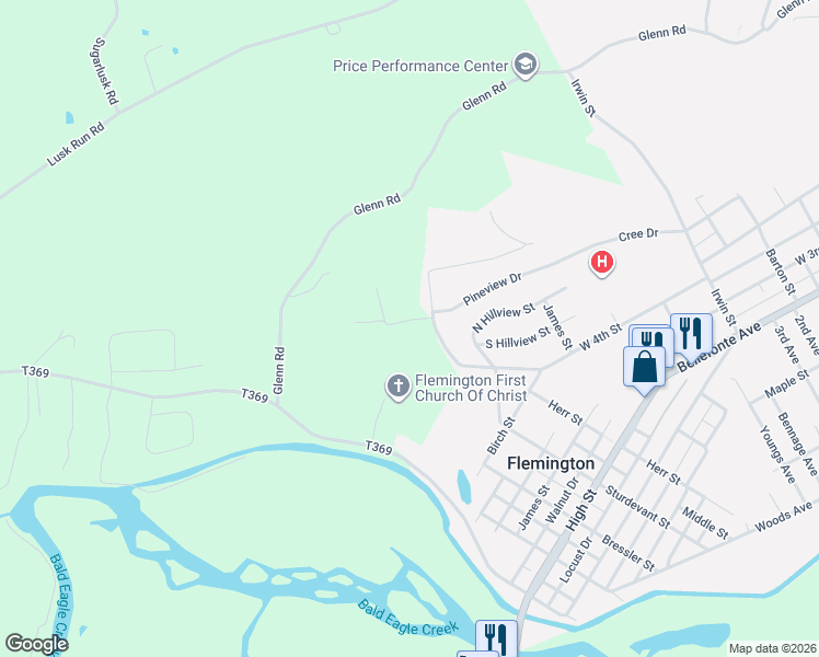 map of restaurants, bars, coffee shops, grocery stores, and more near 134-198 Evergreen Road in Flemington