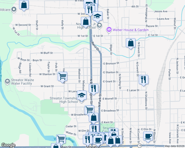 map of restaurants, bars, coffee shops, grocery stores, and more near 912 North Bloomington Street in Streator