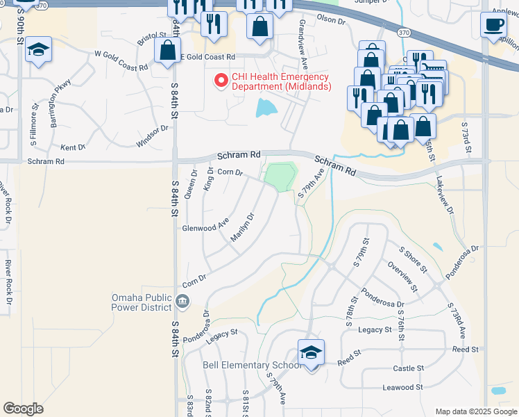 map of restaurants, bars, coffee shops, grocery stores, and more near 2201 Marilyn Drive in Papillion