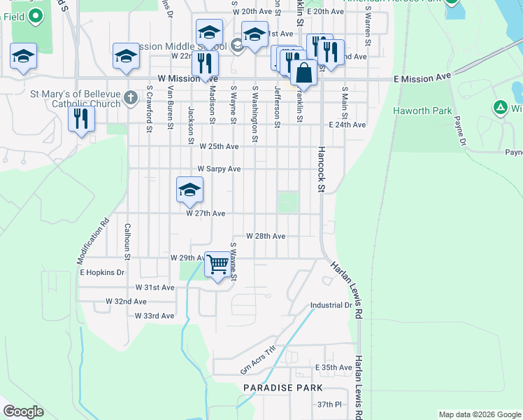 map of restaurants, bars, coffee shops, grocery stores, and more near 2702 South Washington Street in Bellevue