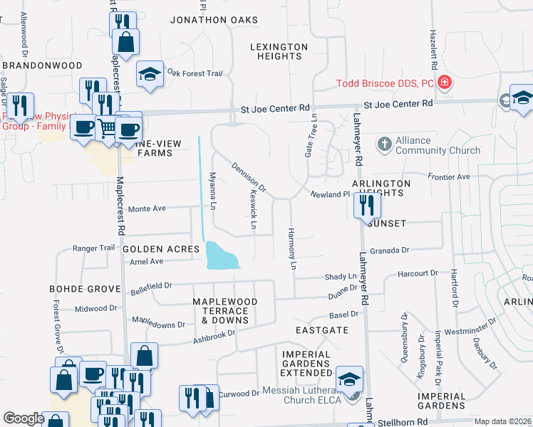 map of restaurants, bars, coffee shops, grocery stores, and more near 5300 Willman Lane in Fort Wayne
