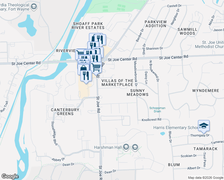 map of restaurants, bars, coffee shops, grocery stores, and more near 3420 Kendale Drive in Fort Wayne
