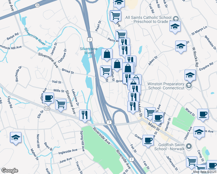 map of restaurants, bars, coffee shops, grocery stores, and more near 54 Plattsville Avenue in Norwalk