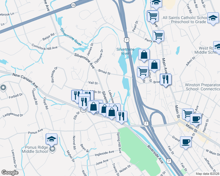 map of restaurants, bars, coffee shops, grocery stores, and more near 27 Lakeview Drive in Norwalk