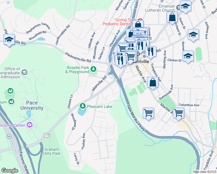 map of restaurants, bars, coffee shops, grocery stores, and more near 580 Bedford Road in Pleasantville