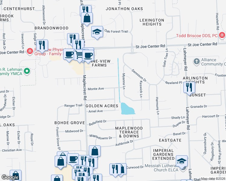 map of restaurants, bars, coffee shops, grocery stores, and more near 5312 Nyack Avenue in Fort Wayne