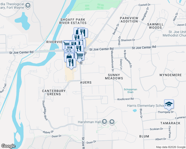 map of restaurants, bars, coffee shops, grocery stores, and more near 3420 Kendale Drive in Fort Wayne