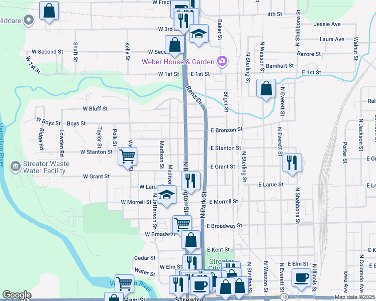map of restaurants, bars, coffee shops, grocery stores, and more near 912 North Bloomington Street in Streator