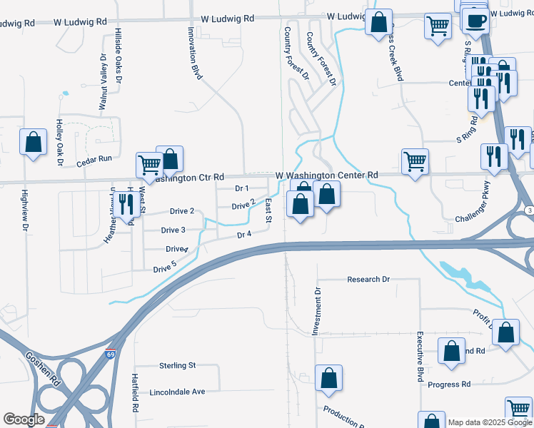 map of restaurants, bars, coffee shops, grocery stores, and more near 2737 West Washington Center Road in Fort Wayne