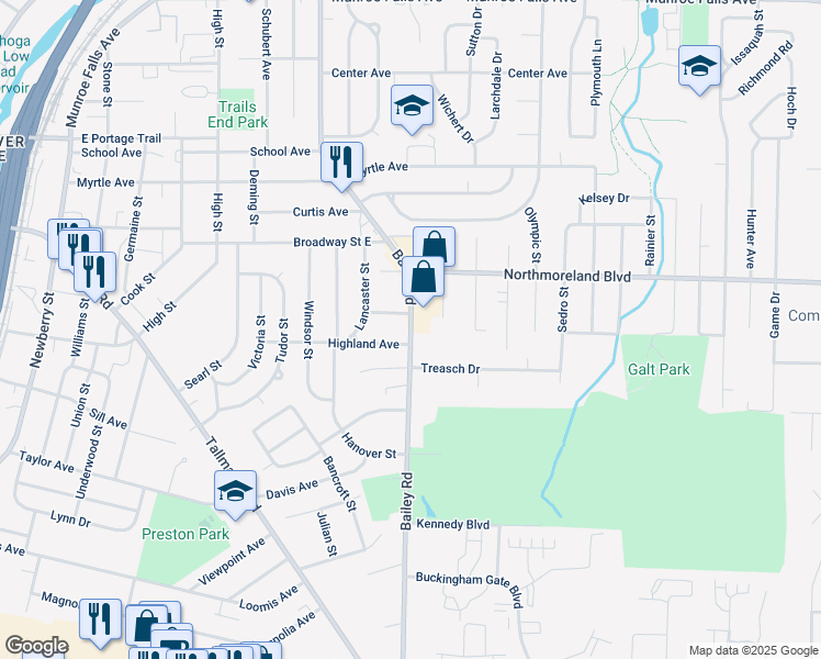 map of restaurants, bars, coffee shops, grocery stores, and more near 1777 Bailey Road in Cuyahoga Falls