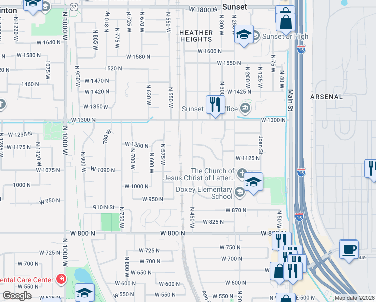 map of restaurants, bars, coffee shops, grocery stores, and more near 1115 North 450 West in Sunset