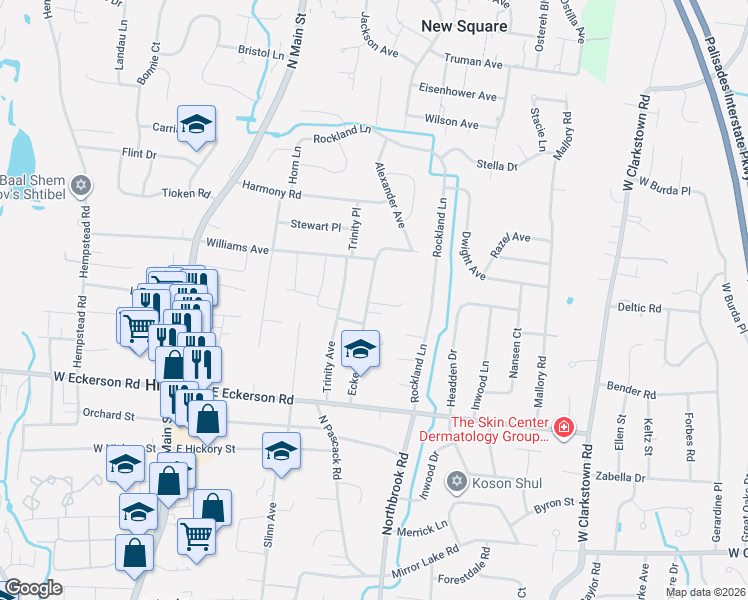 map of restaurants, bars, coffee shops, grocery stores, and more near 24 Eckerson Lane in Spring Valley